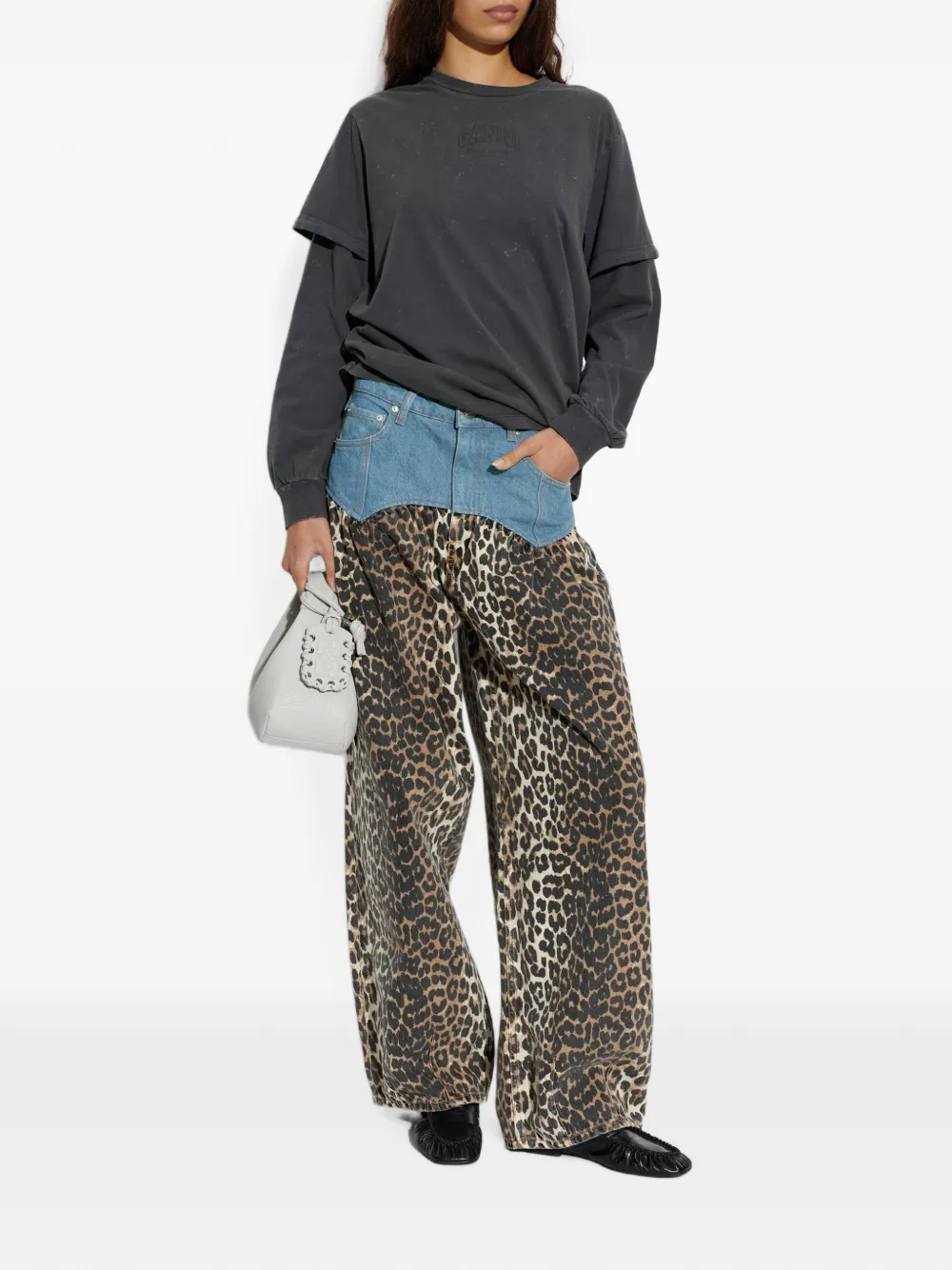 GANNI leopard-print panelled jeans Bruin