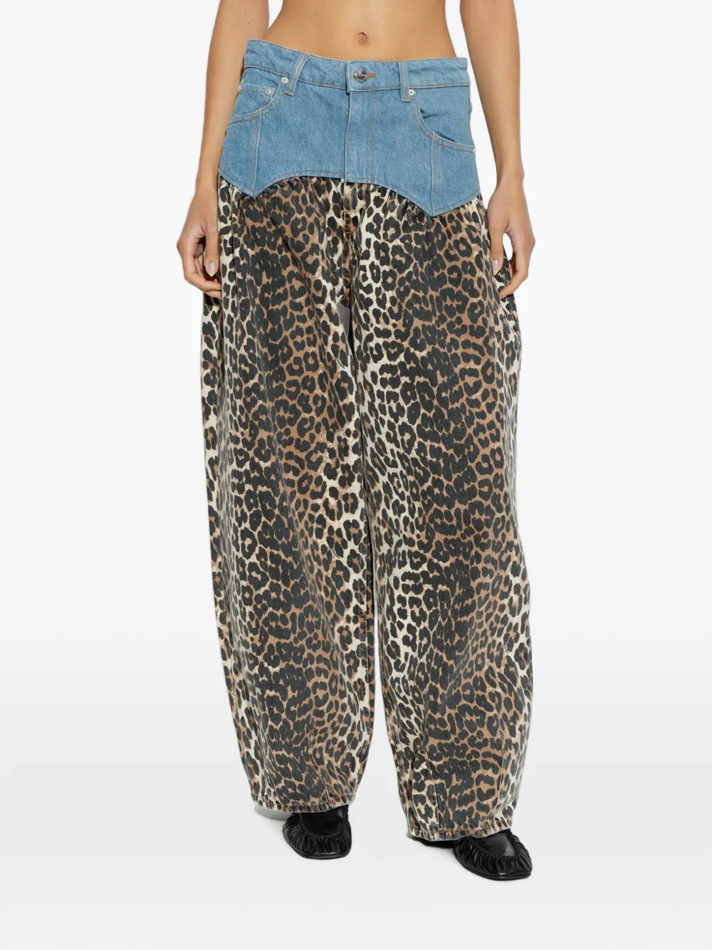 GANNI leopard-print panelled jeans Bruin