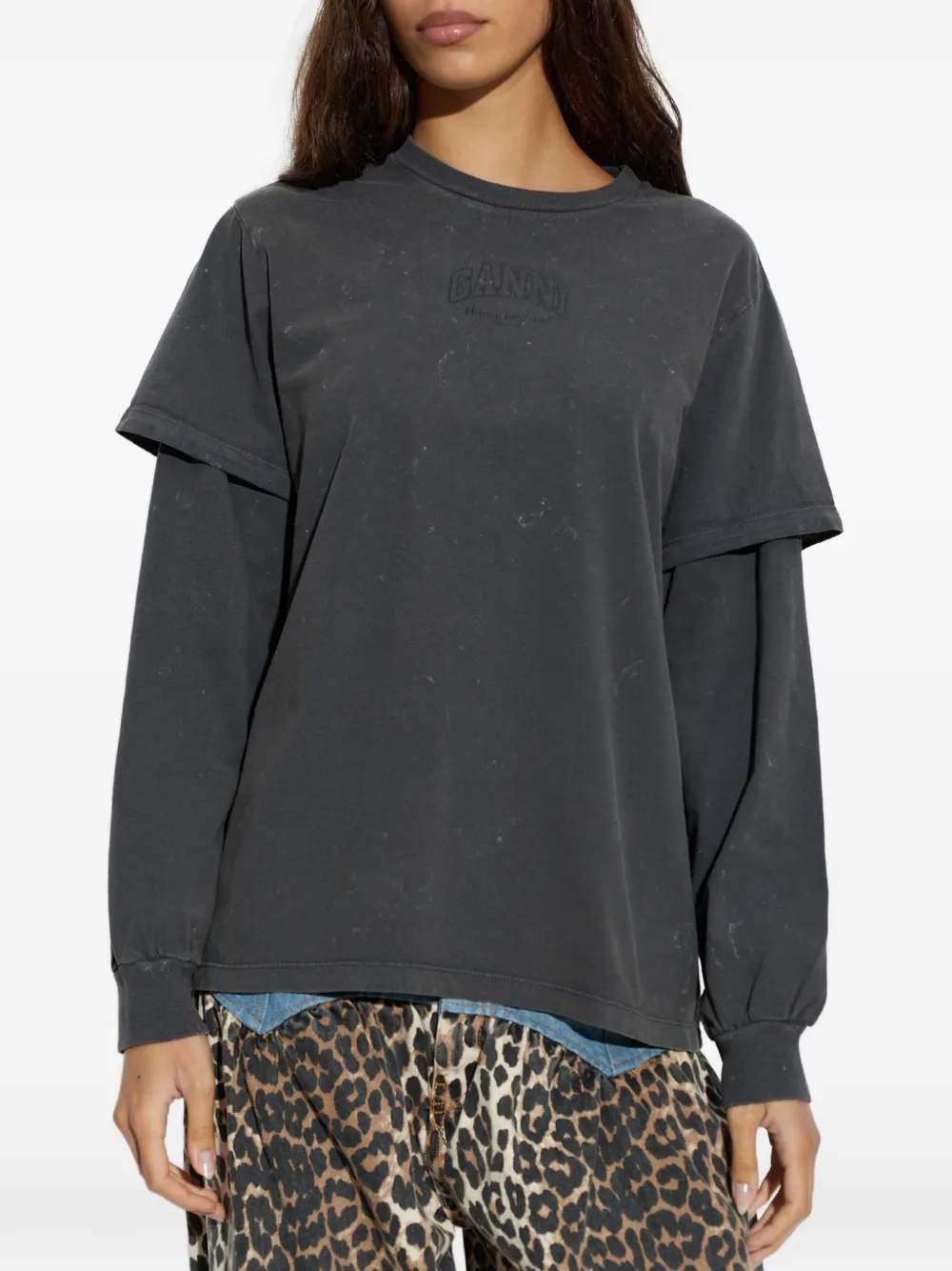 GANNI T-shirt met logoprint en gelaagde mouwen Grijs