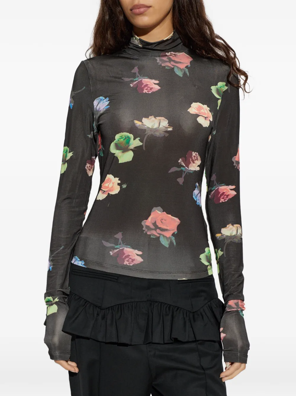 GANNI Top met bloemenprint en hoge hals Zwart