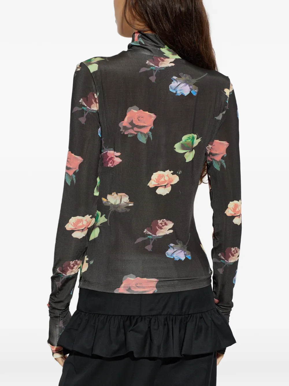 GANNI Top met bloemenprint en hoge hals Zwart