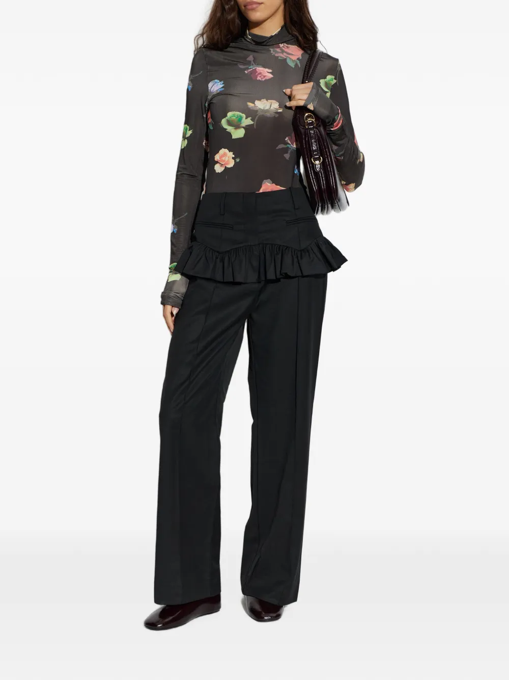 GANNI Top met bloemenprint en hoge hals Zwart
