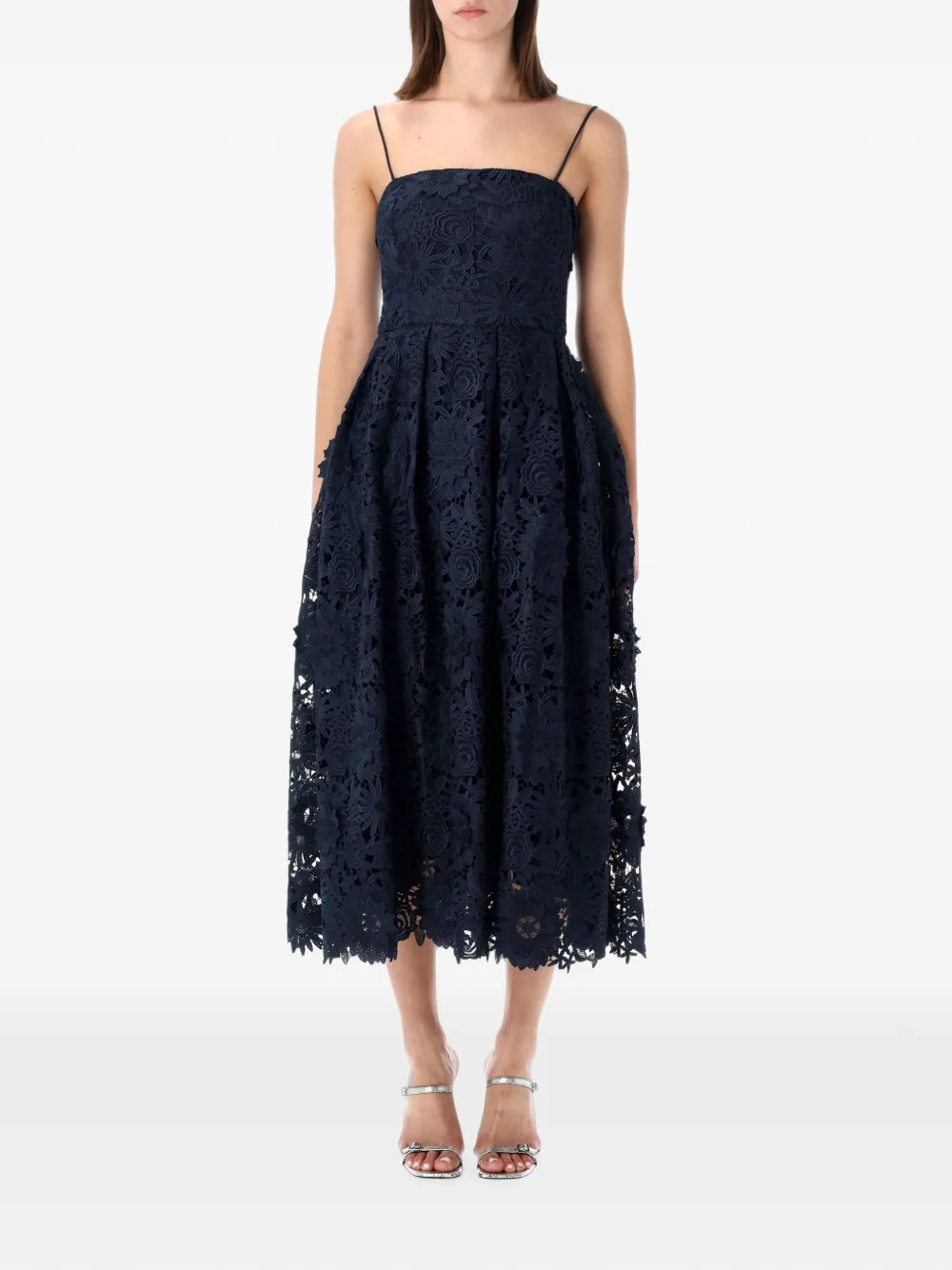 ROTATE BIRGER CHRISTENSEN 3D lace flared midi dress dark blue