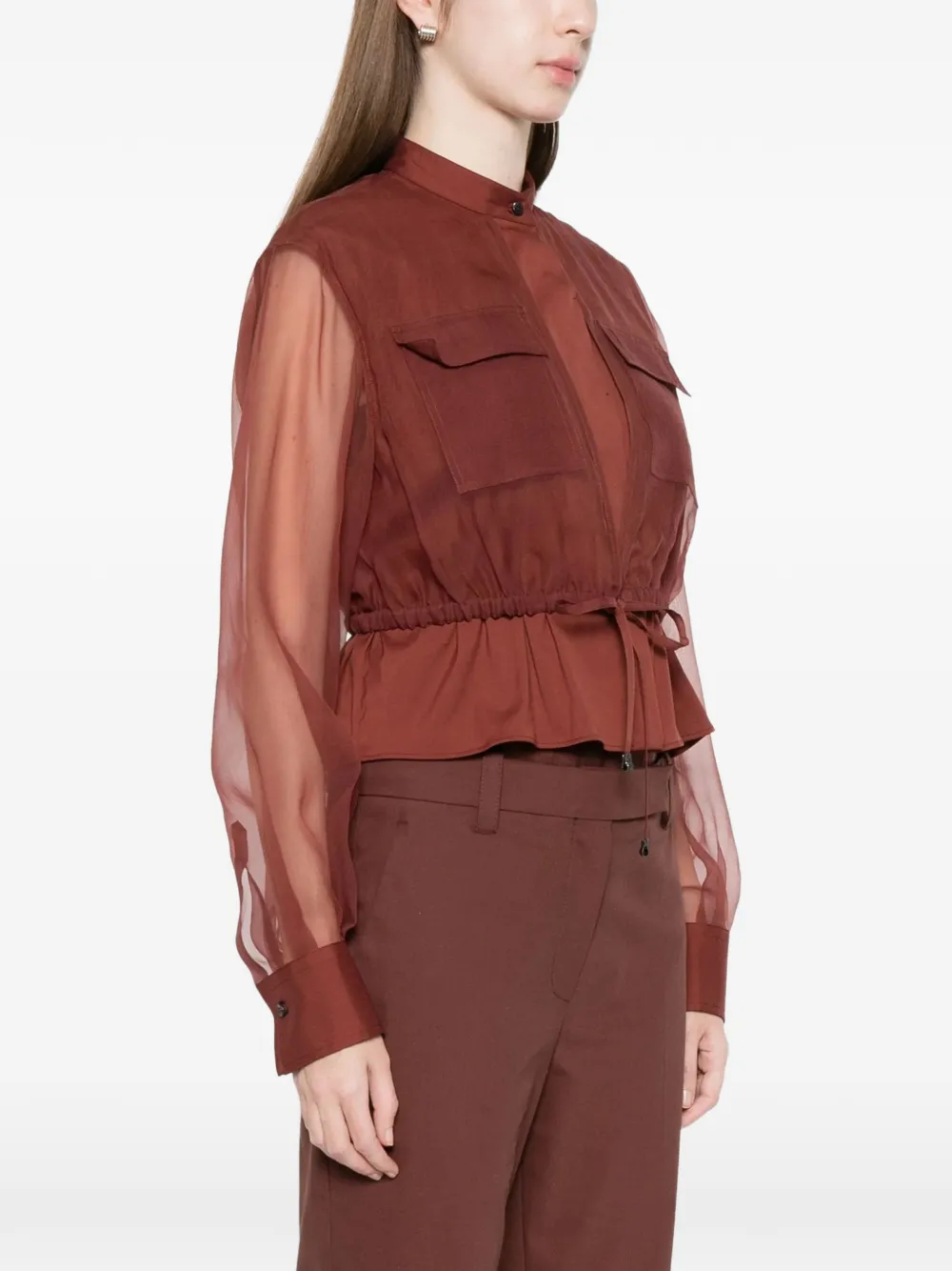 Brunello Cucinelli sheer-sleeve drawstring shirt Rood