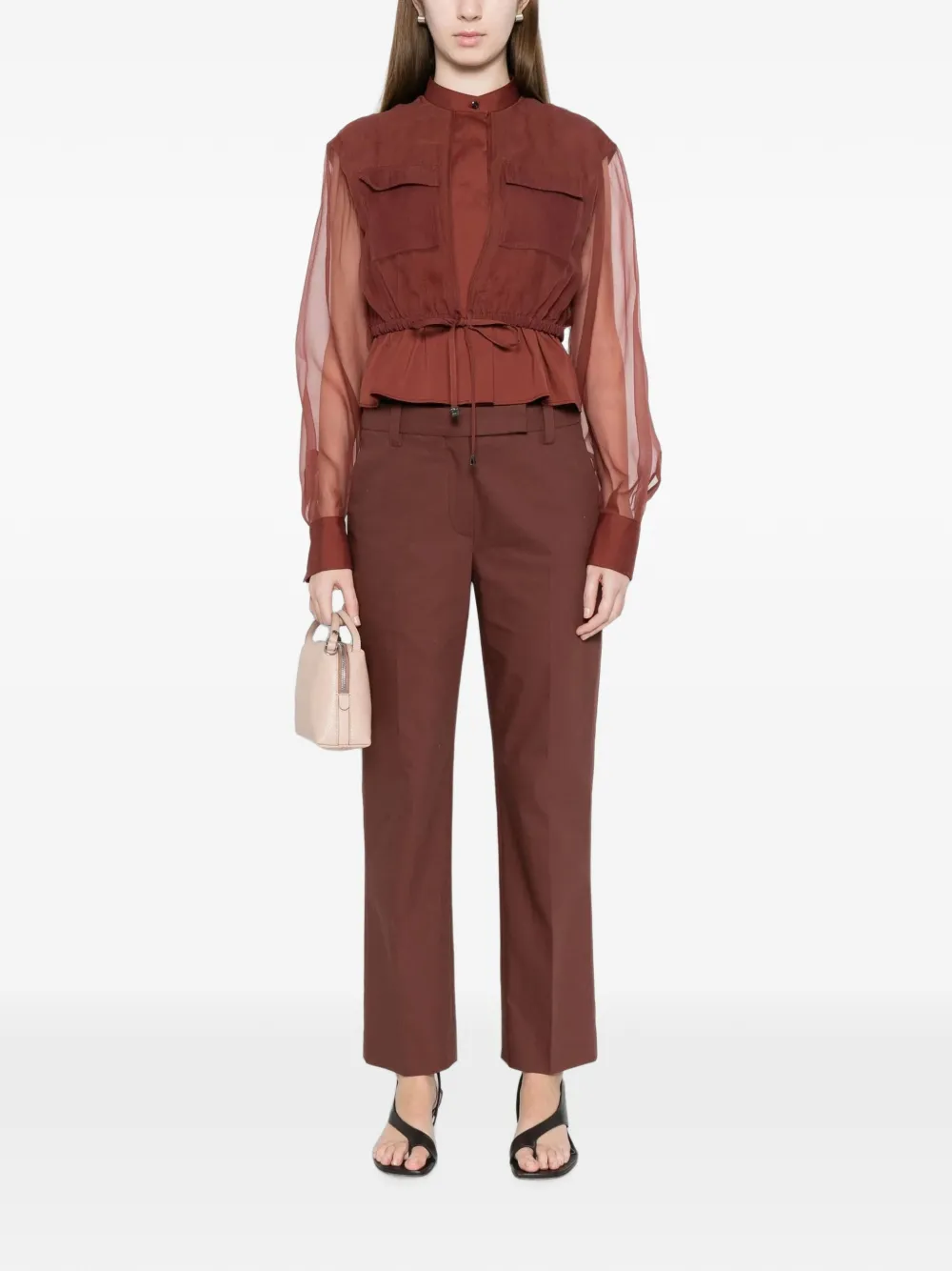 Brunello Cucinelli sheer-sleeve drawstring shirt Rood
