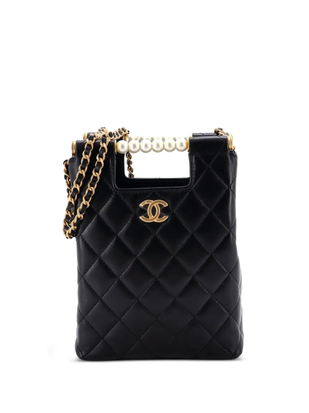 CHANEL Pre-Owned CC Pearls Bar Handle Box Bag Quilted Shiny Lambskin Mini satchel - Nero