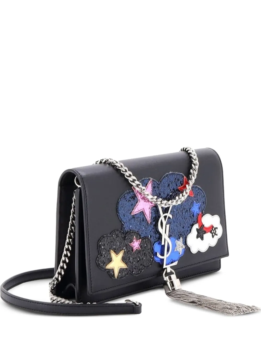 Saint Laurent Pre-Owned sac à bandoulière portefeuille sur chaîne Classic Monogram à pompon en cuir patchwork - Noir Saint Laurent Pre-Owned sac à bandoulière portefeuille sur chaîne Classic Monogram à pompon en cuir patchwork - Noir