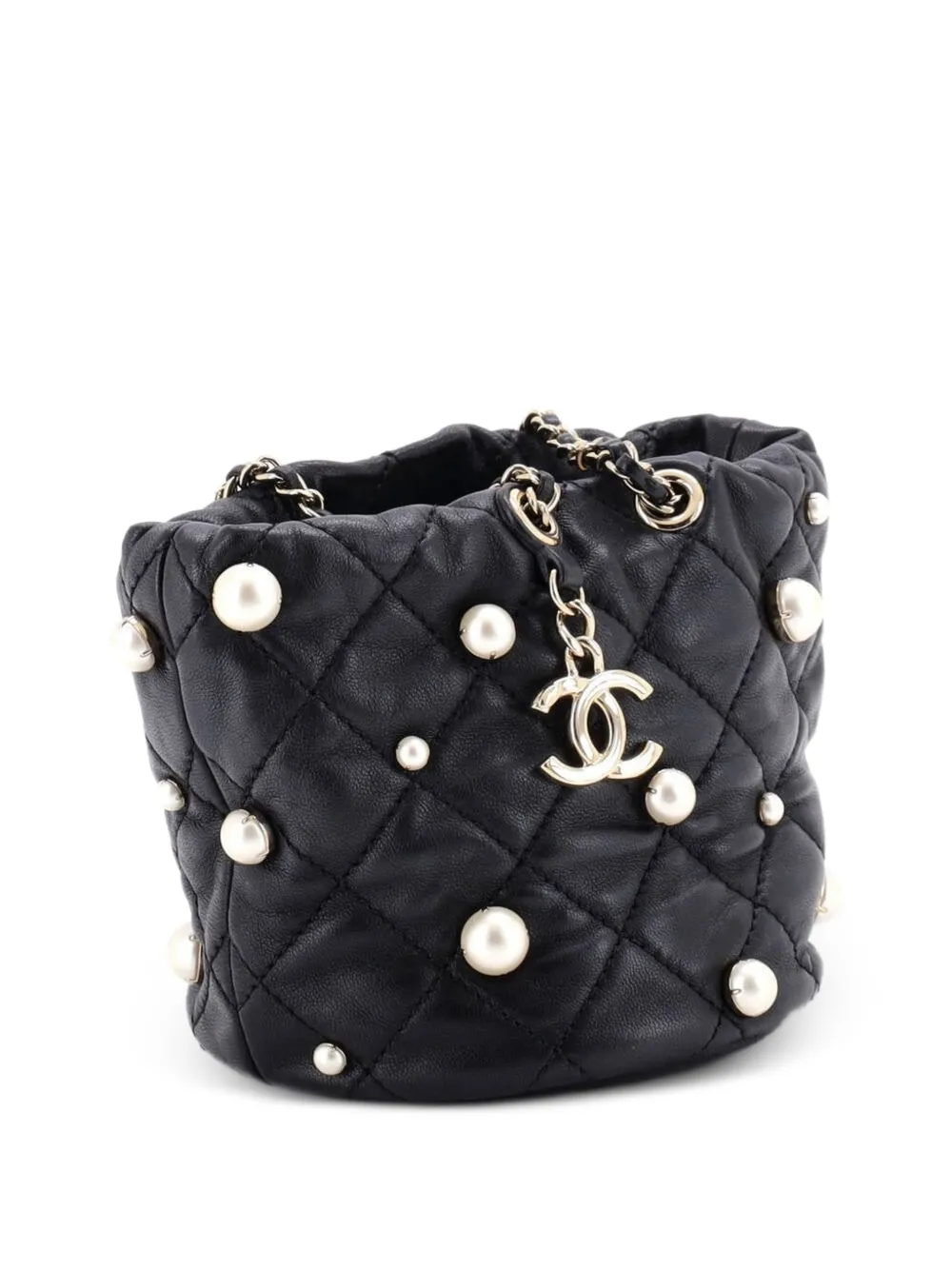 CHANEL Pre-Owned mini sac seau rond en cuir d'agneau matelassé orné de perles à lien de resserrage - Noir CHANEL Pre-Owned mini sac seau rond en cuir d'agneau matelassé orné de perles à lien de resserrage - Noir