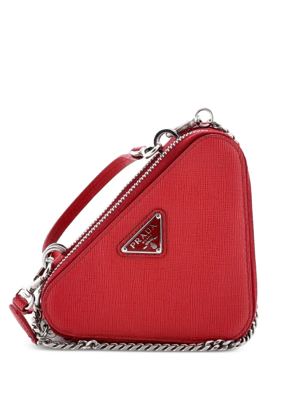 Prada Pre-Owned Triangle Double Zip Pouch Bag with Chain Saffiano Leather Mini crossbody bag - Rosso