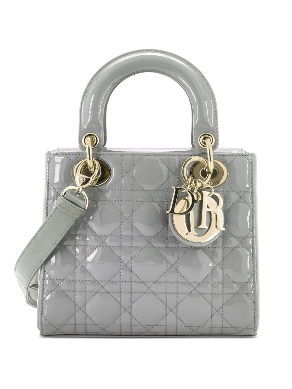 Christian Dior Pre-Owned Kleine Lady Dior Cannage Satchel-Tasche aus Lackleder mit Steppung - Grau