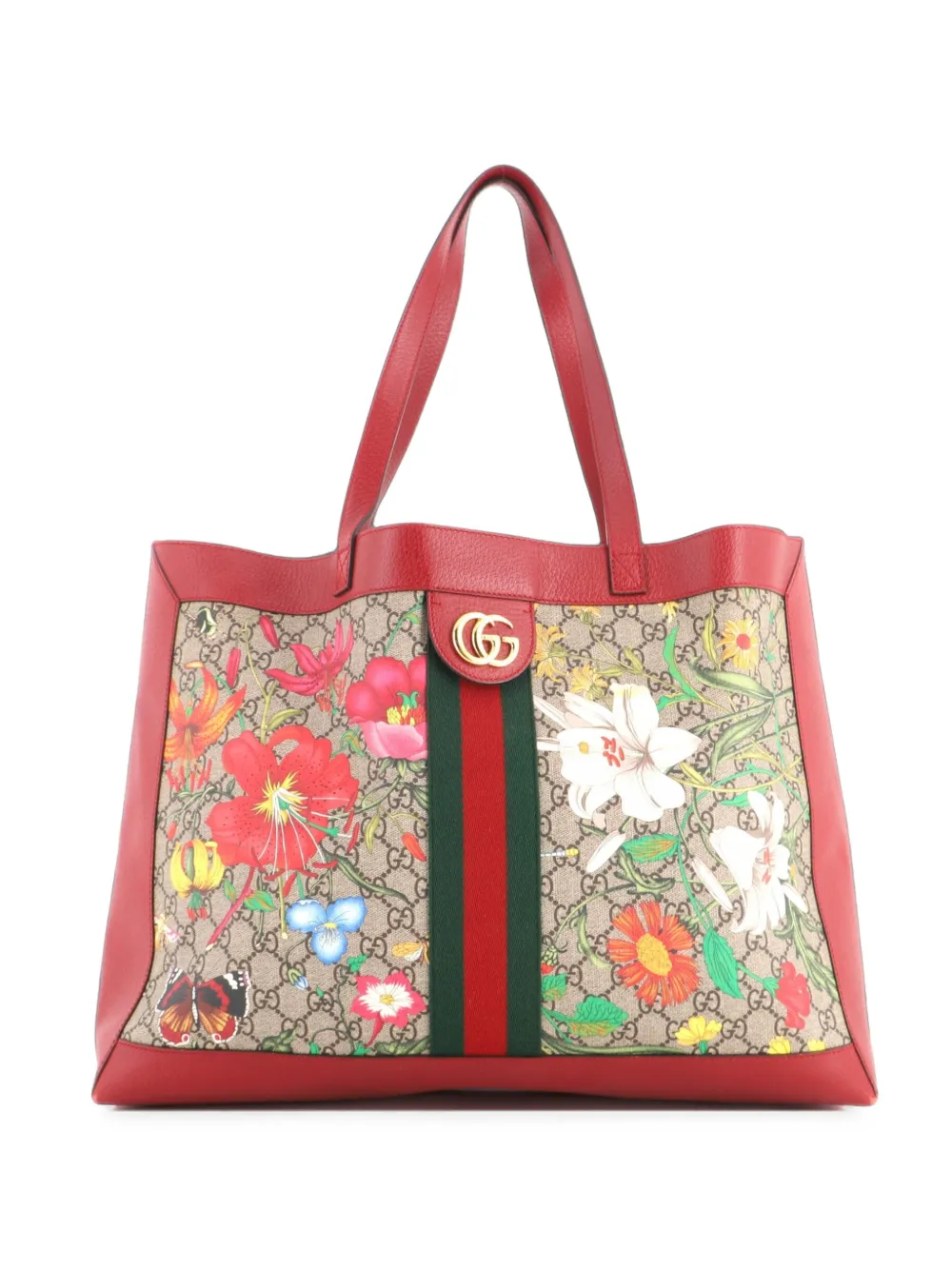 Pre-owned Gucci Ophidia Soft Open Flora Gg Coated Canvas East West Tote Bag In Brown