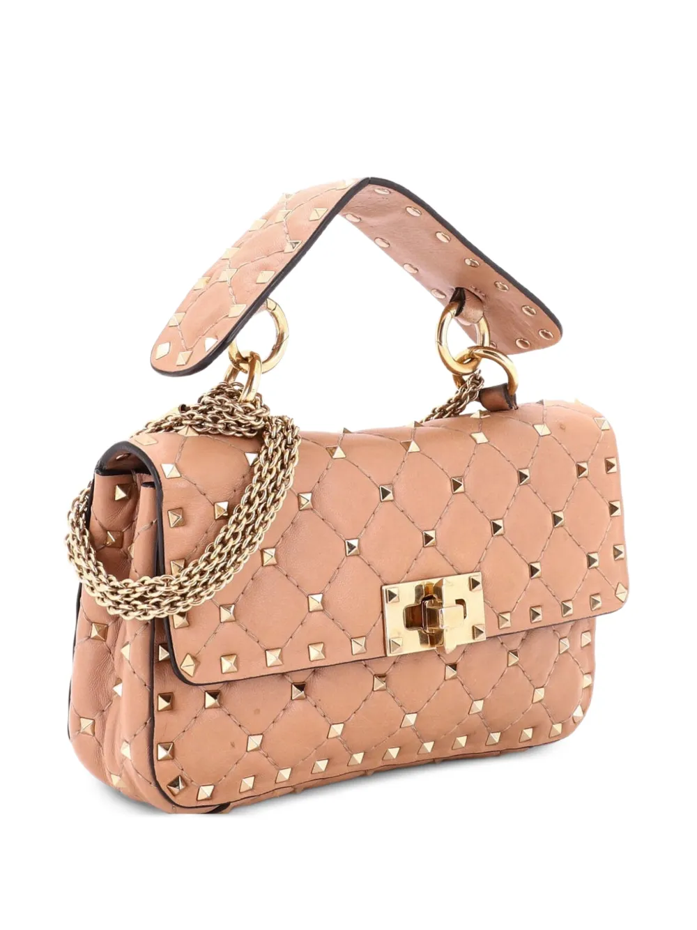 Valentino Garavani Pre-Owned Mittelgroße Rockstud Spike Flap Umhängetasche aus Leder mit Steppung - Nude