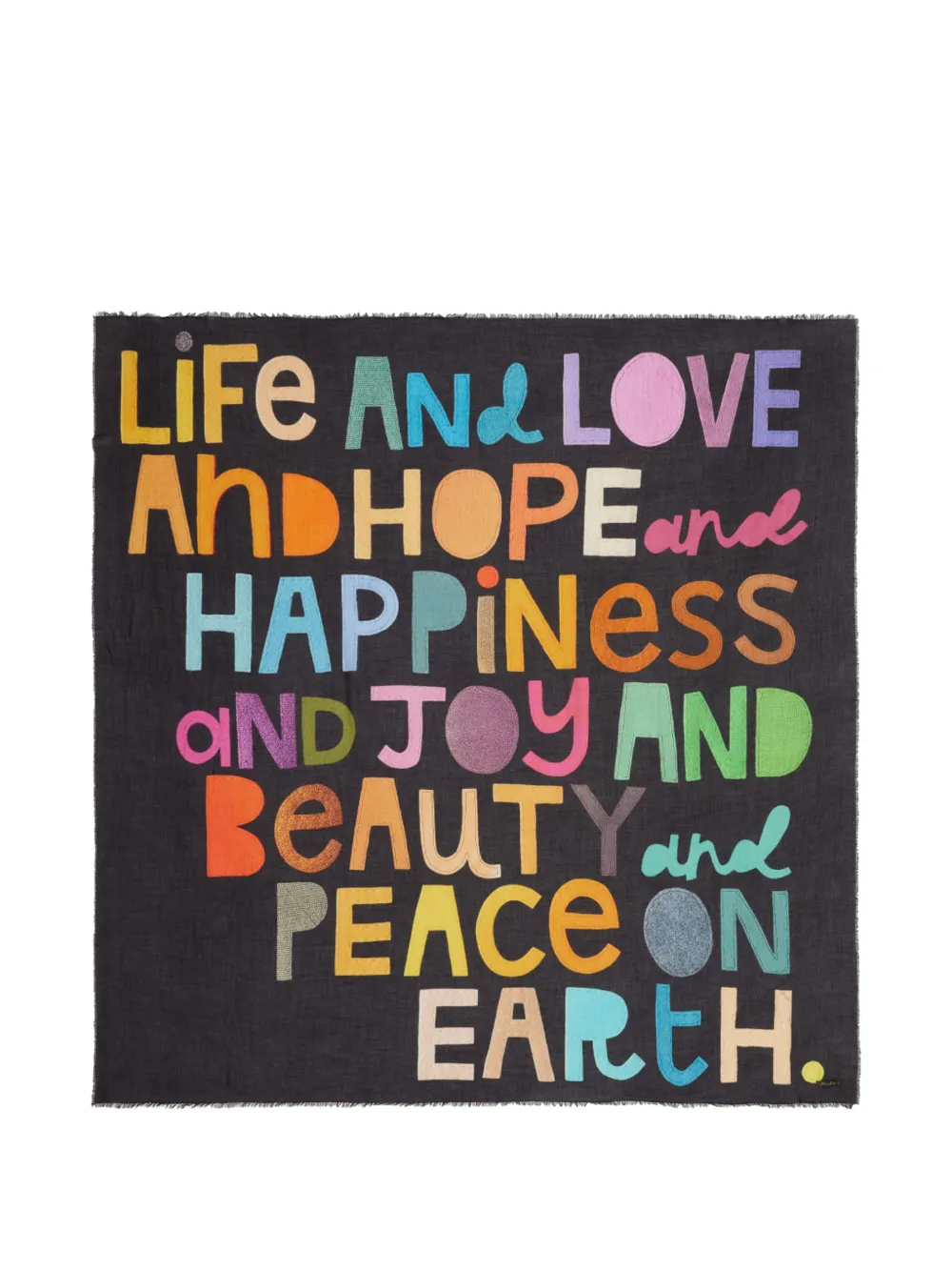 Faliero Sarti Happiness slogan-print frayed scarf Zwart