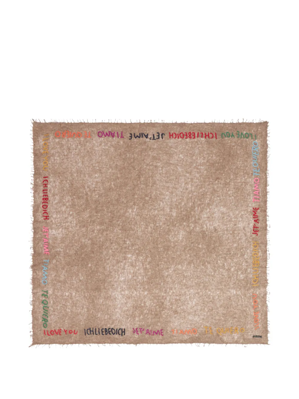 Faliero Sarti Little Te Quiero slogan-print frayed scarf Beige