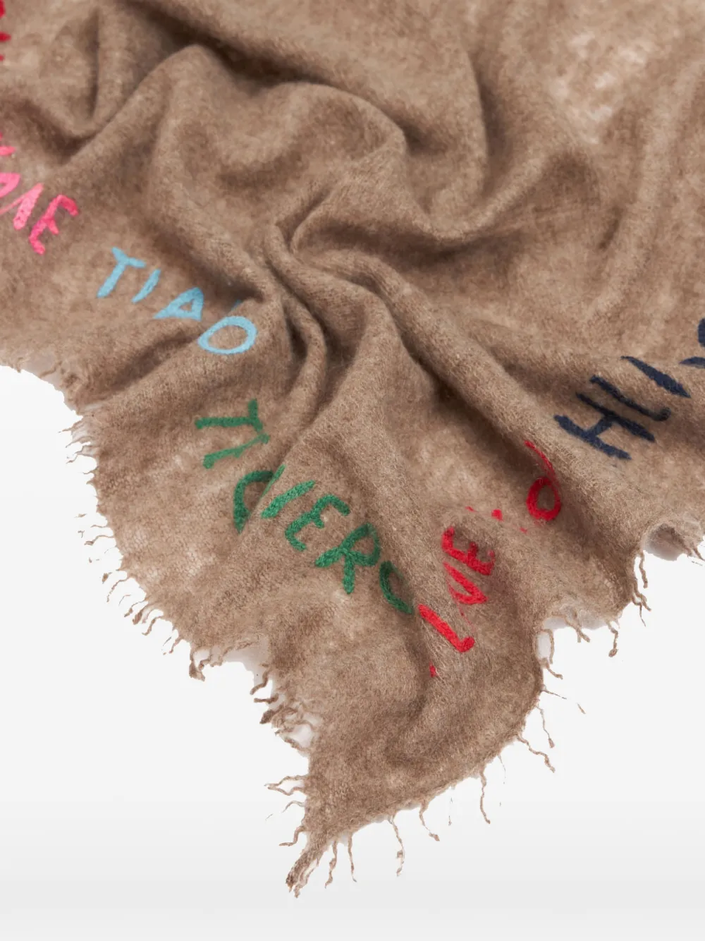 Faliero Sarti Little Te Quiero slogan-print frayed scarf Beige