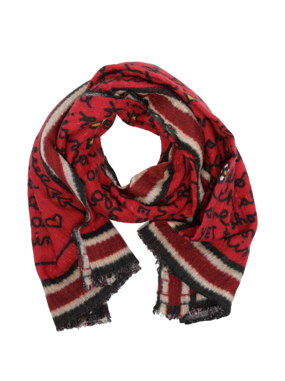 Faliero Sarti Friends slogan-print frayed scarf Rood