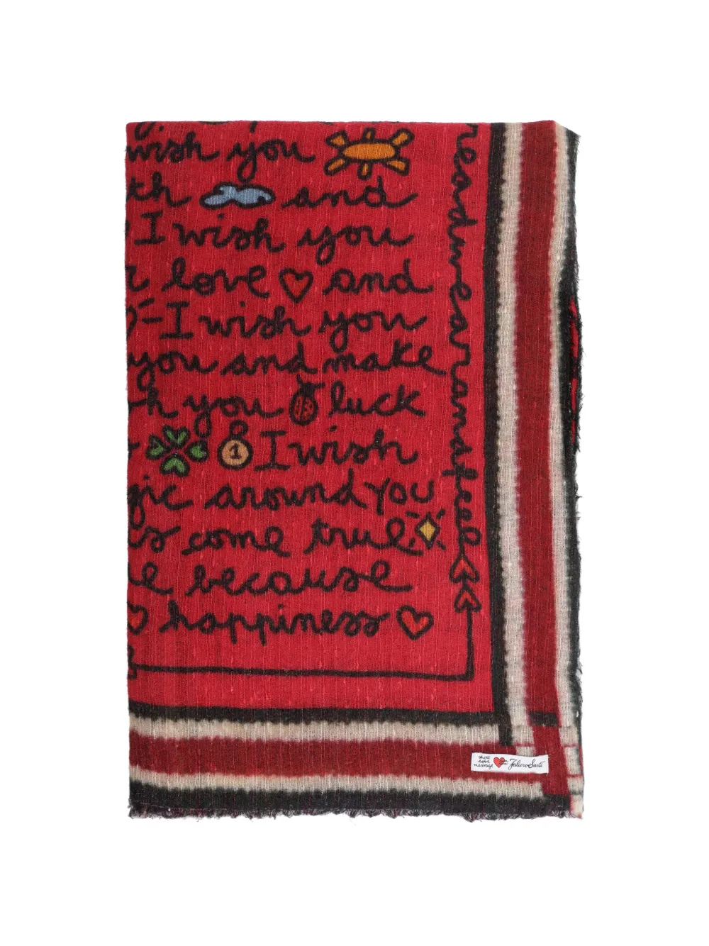 Faliero Sarti Friends slogan-print frayed scarf Rood