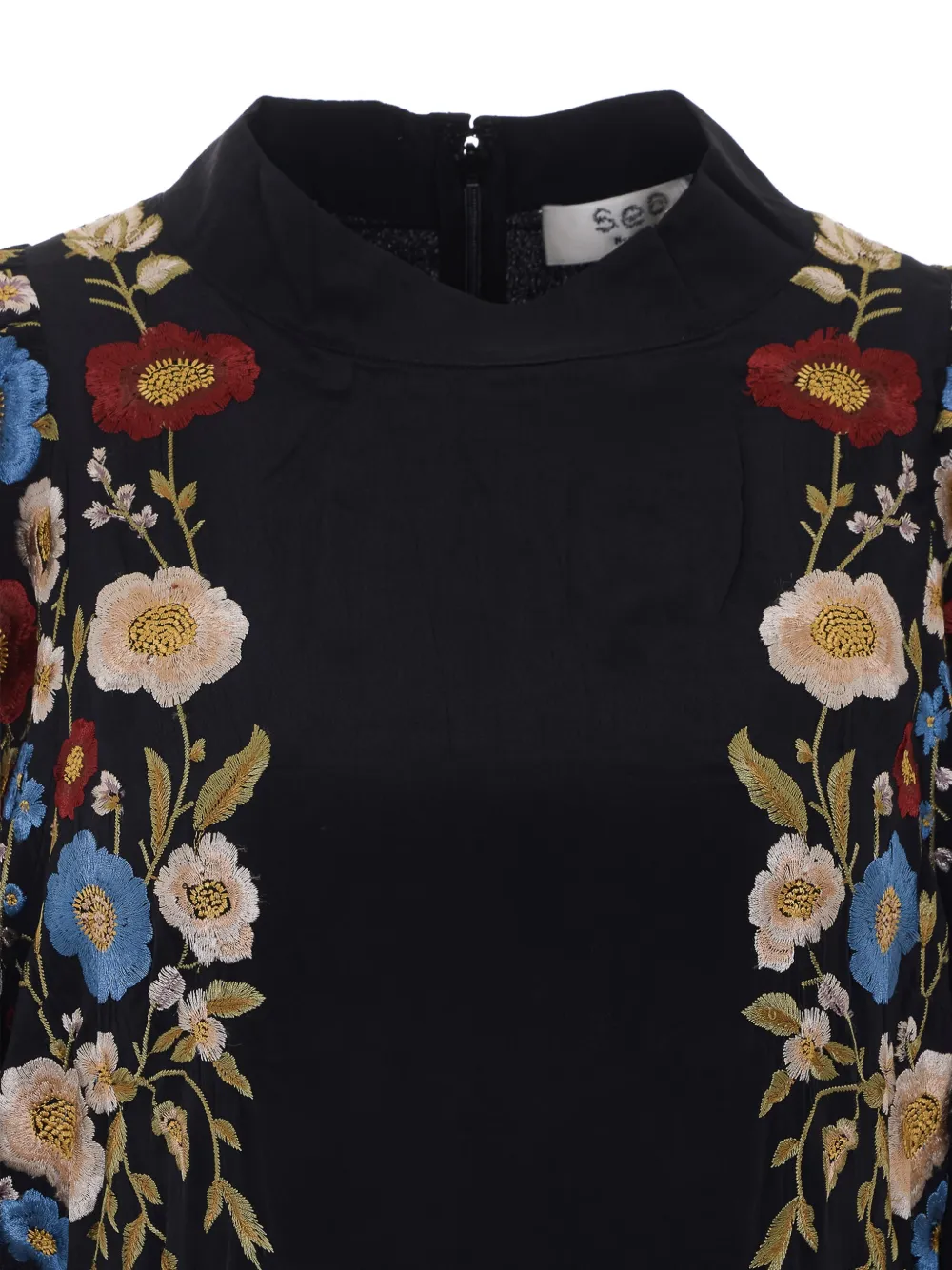 Sea floral-embroidered long-sleeve dress Zwart