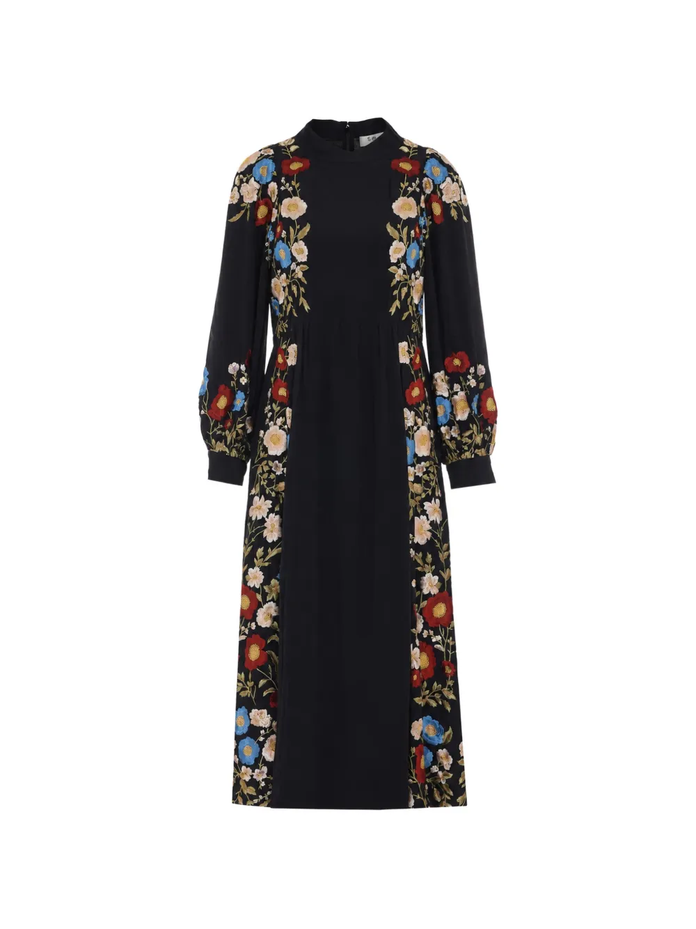 Sea Floral-embroidered Long-sleeve Dress In Black