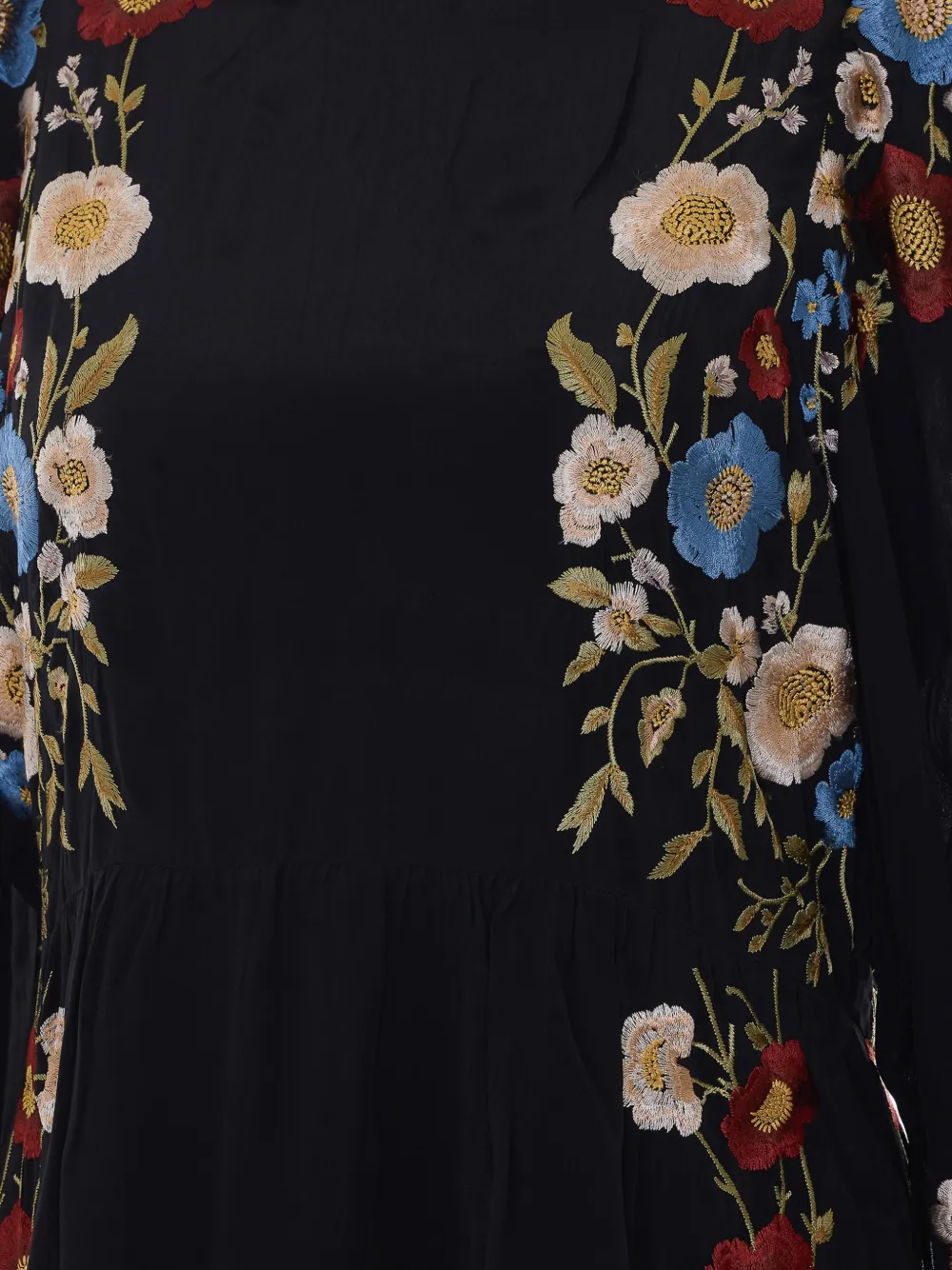 Sea floral-embroidered long-sleeve dress Zwart