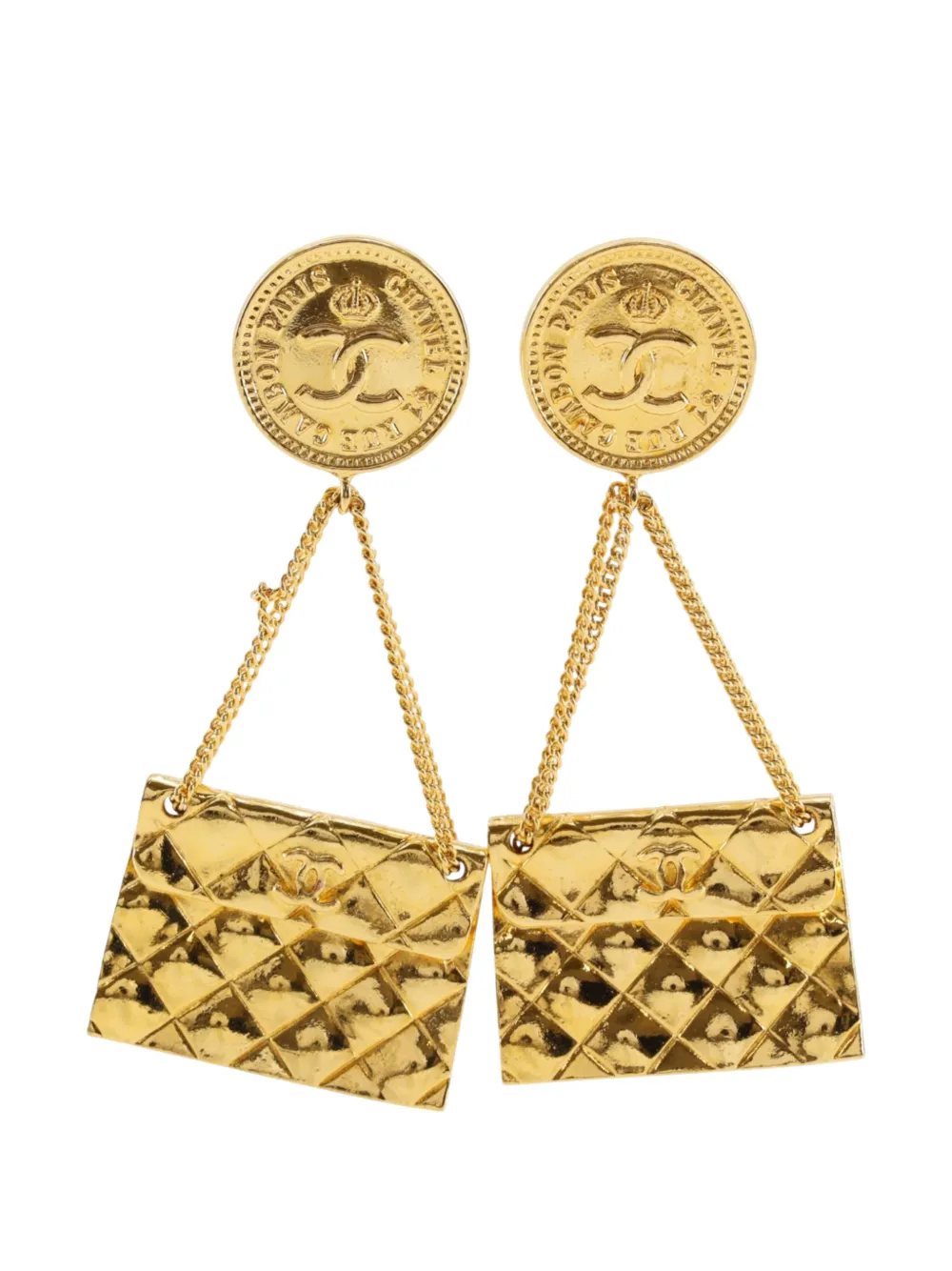 CHANEL Pre-Owned 1980-1990 CC Gold Plated Quilted Flap Drop Clip On Earrings costume earrings - Oro