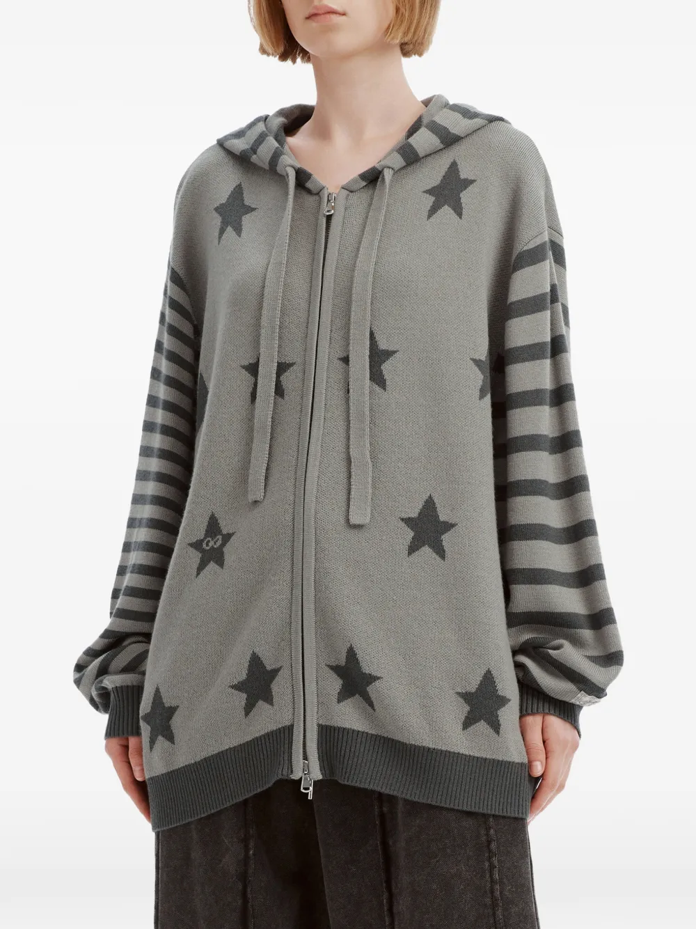 Mini Cream star-intarsia striped-sleeve cardigan Grijs