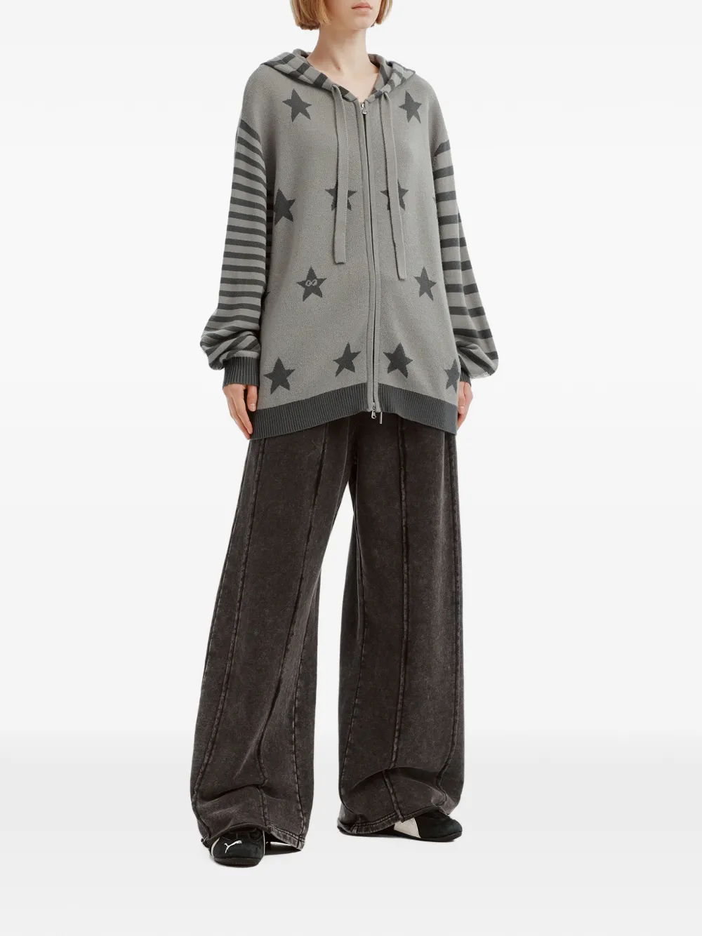 Mini Cream star-intarsia striped-sleeve cardigan Grijs
