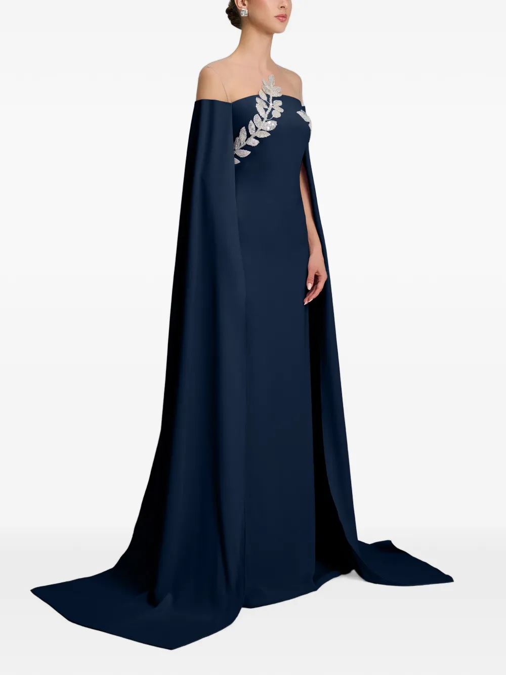 CRISTALLINI Kassandra maxi-jurk met capemouwen en verfraaid met bladeren Blauw