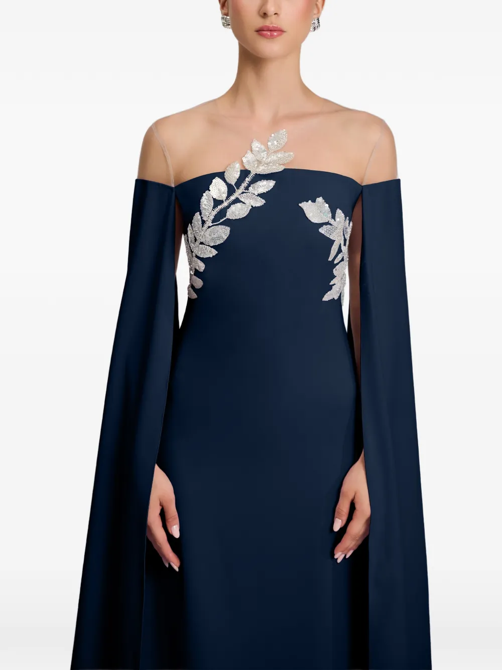 CRISTALLINI Kassandra maxi-jurk met capemouwen en verfraaid met bladeren Blauw