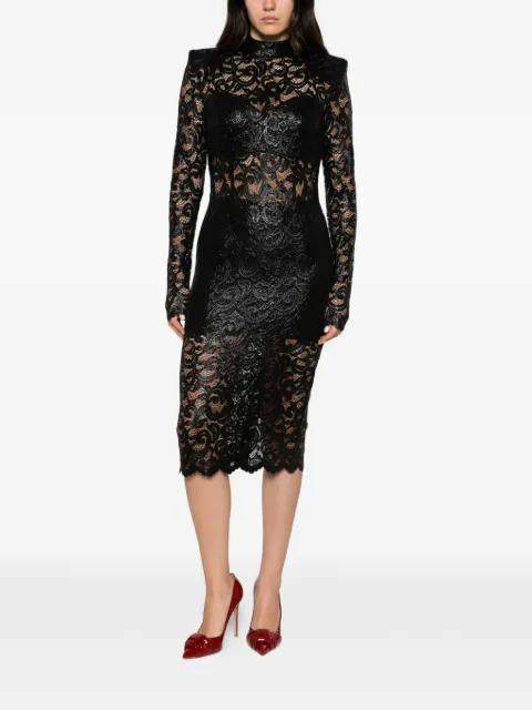 Babylone Paris lace-overlay padded-shoulder midi dress