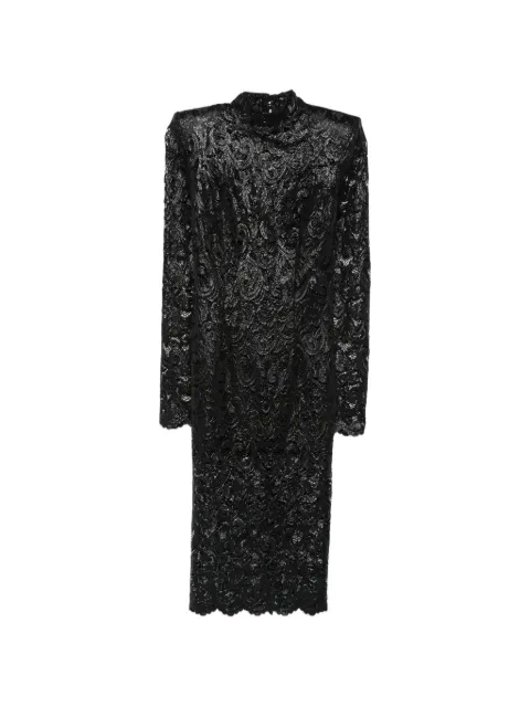 Babylone Paris lace-overlay padded-shoulder midi dress
