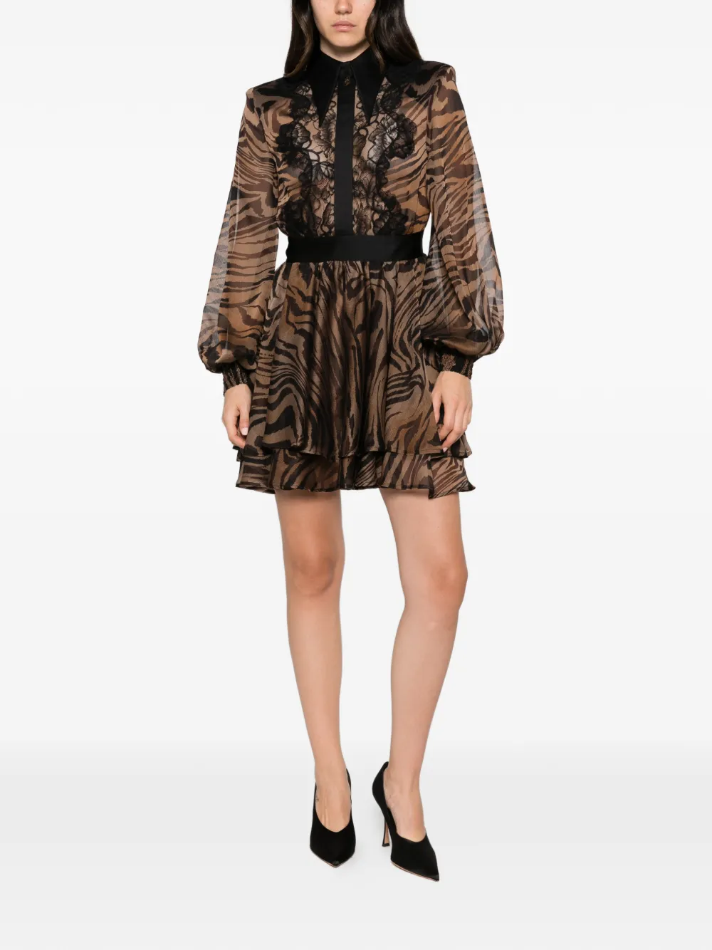 Babylone Paris zebra-print lace-panel mini dress - Marron Babylone Paris zebra-print lace-panel mini dress - Marron