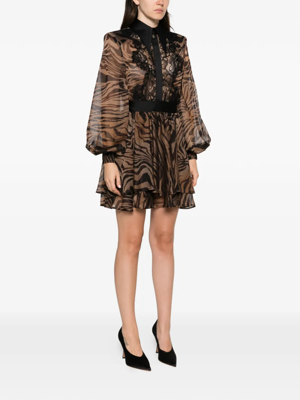 Babylone Paris Mini-jurk met kanten vlak en zebra-print Bruin