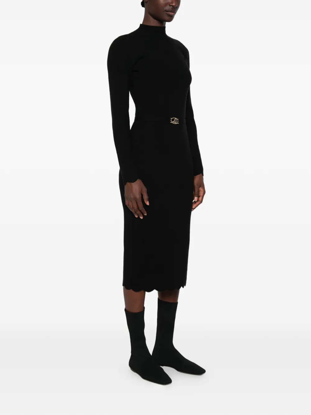 TWINSET Midi-jurk met gewelfde rand en ceintuur Zwart