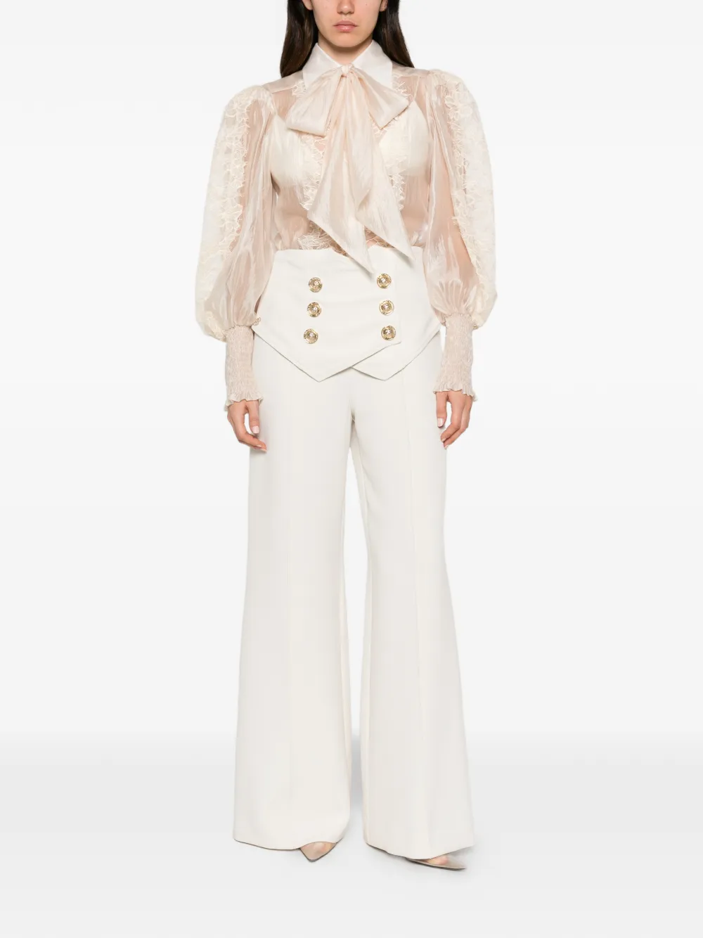Babylone Paris Broek met wijde pijpen en dubbele rij knopen Beige
