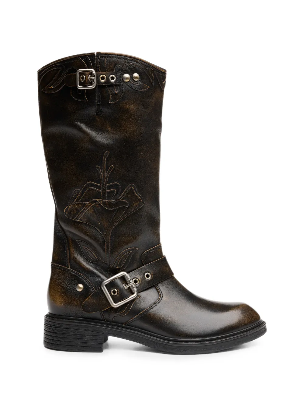 Ash Flax Embroidered Buckle-strap Boots In Brown