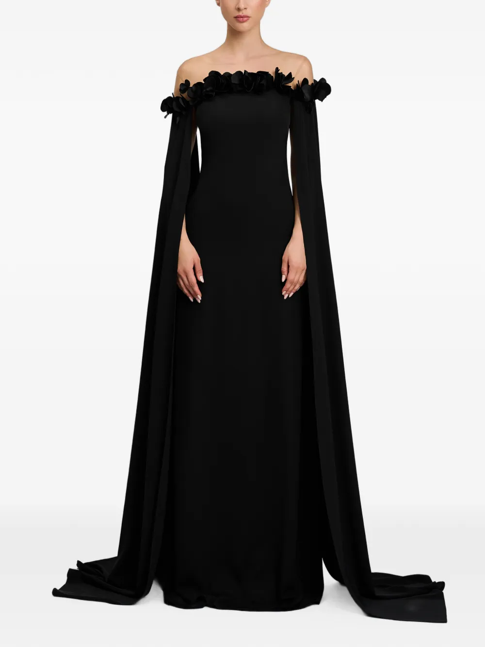 CRISTALLINI floral-appliqué cape-sleeve A-line maxi dress - Black