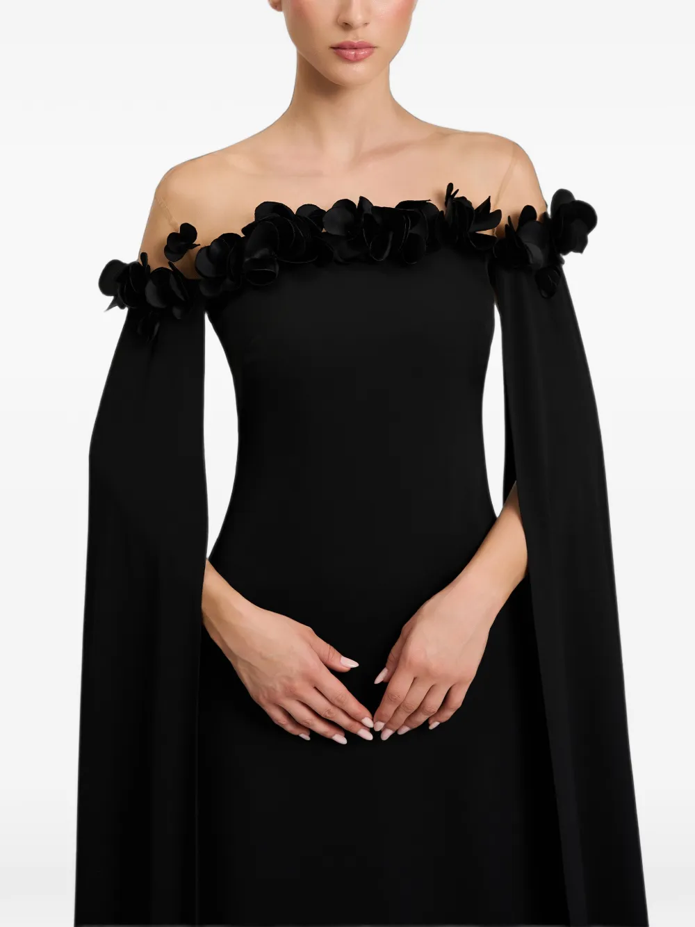 CRISTALLINI Maxi-jurk met A-lijn capemouwen en bloemen-applicatie Zwart