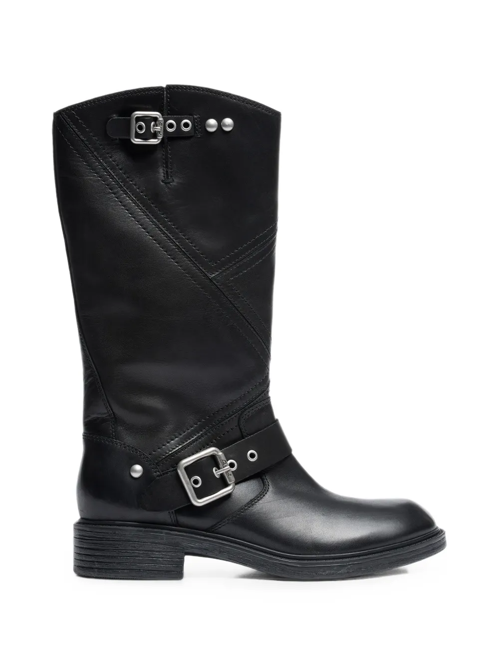 Ash Fuchsia Buckled Leather Biker Boots In Black