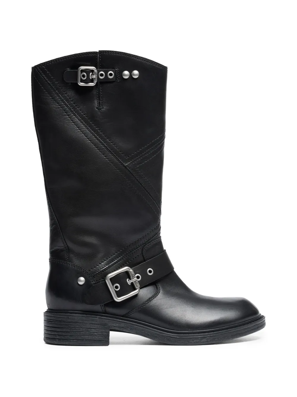 Ash Fuchsia buckled leather biker boots in Black