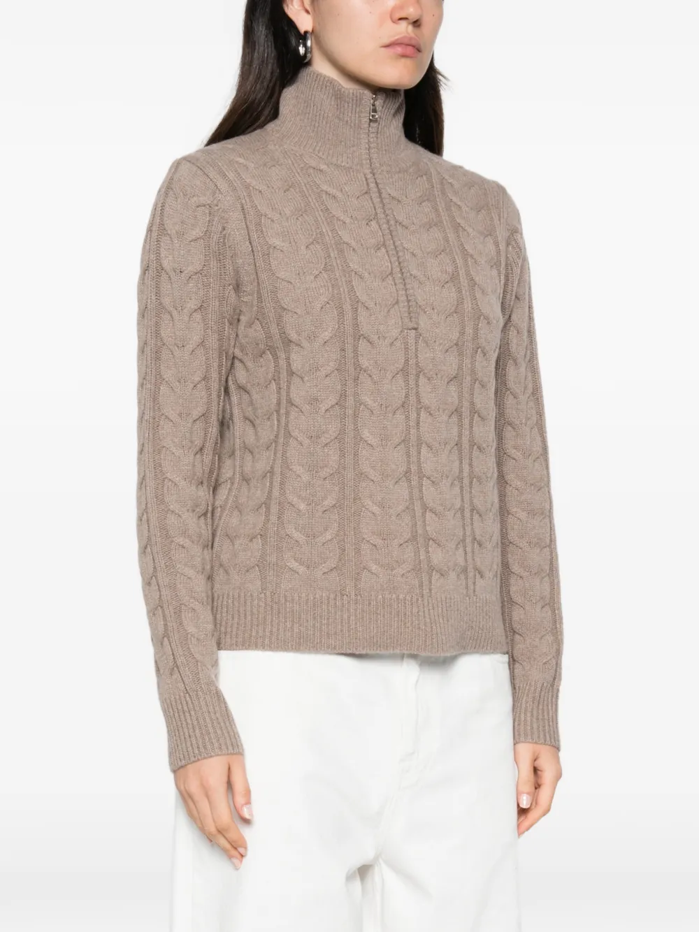 Max Mara Kabelgebreide trui met kwartrits Beige