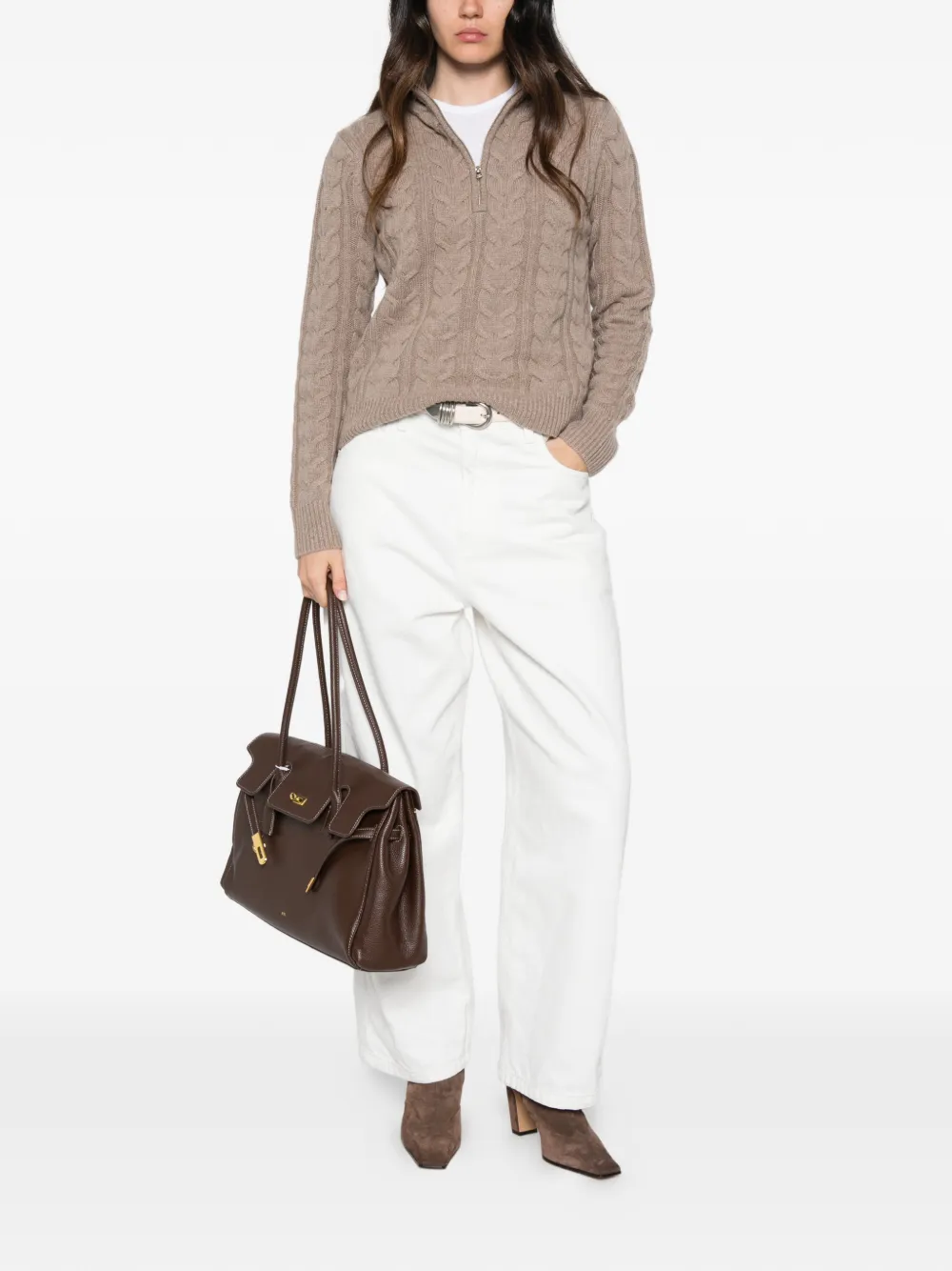 Max Mara Kabelgebreide trui met kwartrits Beige