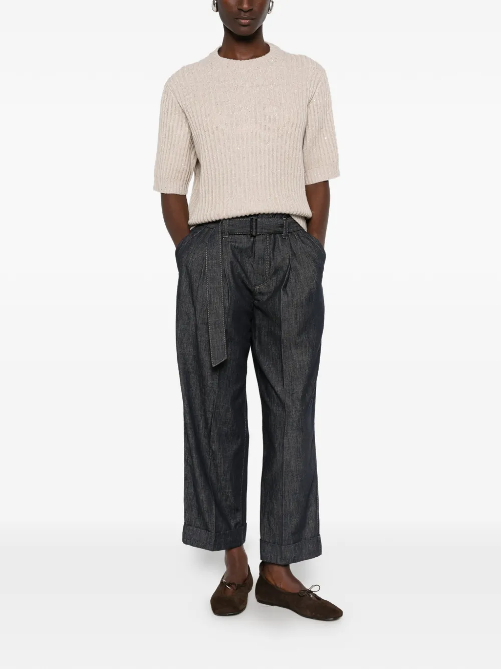 Brunello Cucinelli Jeans met ceintuur en plooien Blauw