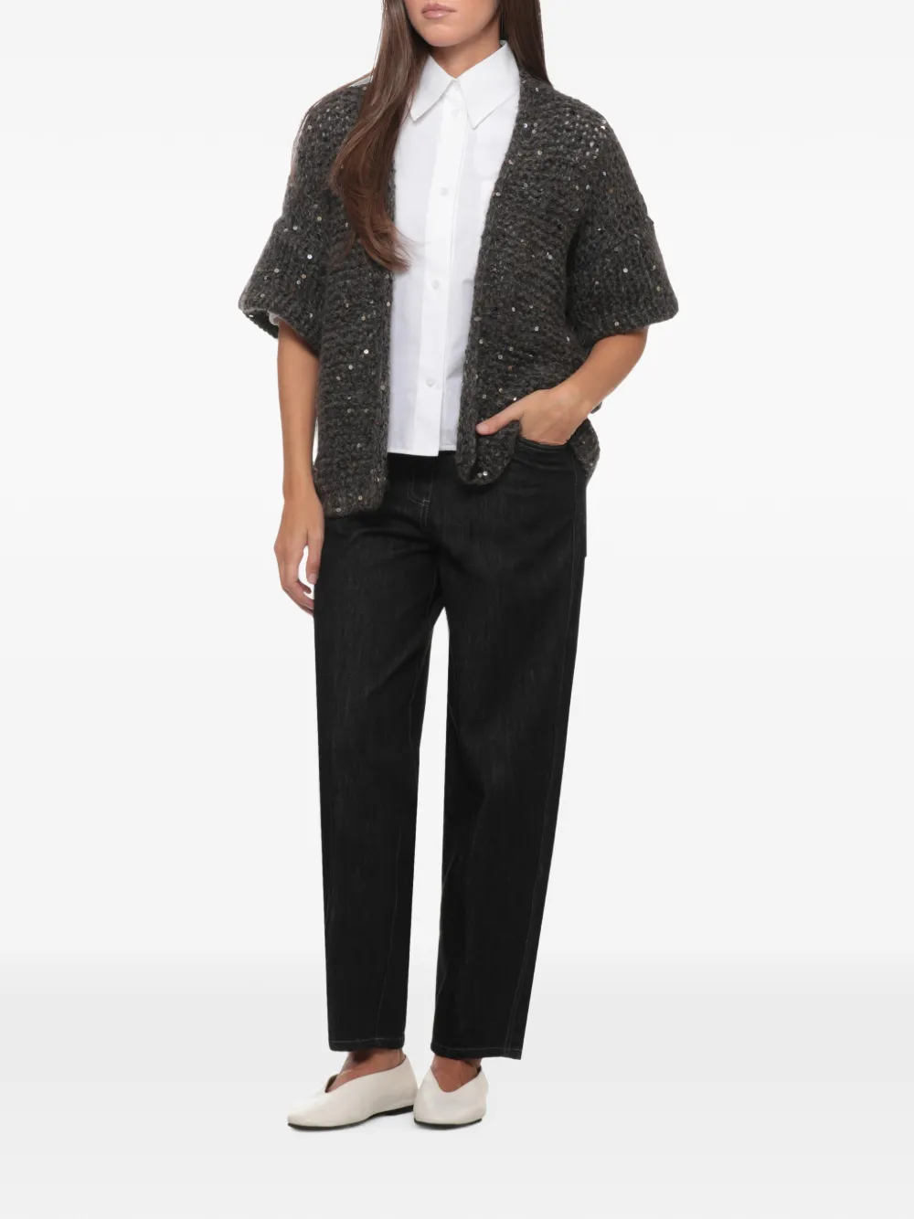 PANICALE sequin-embellished open-knit cardigan Grijs