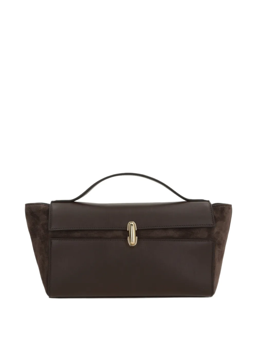 Savette Symmetry Trapeze Suede-panelled Clutch Bag In Brown