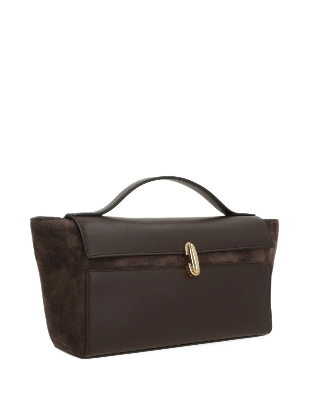 Savette Symmetry Trapeze suede-panelled clutch bag Bruin