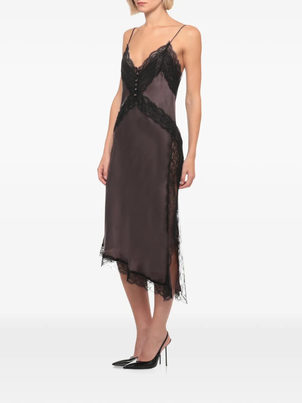 THE ANDAMANE Asymmetrische jurk met kanten afwerking Bruin