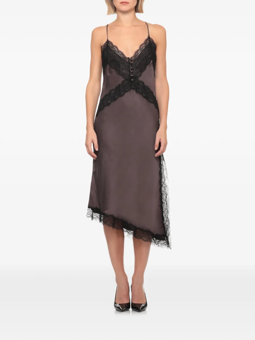 THE ANDAMANE Asymmetrische jurk met kanten afwerking Bruin