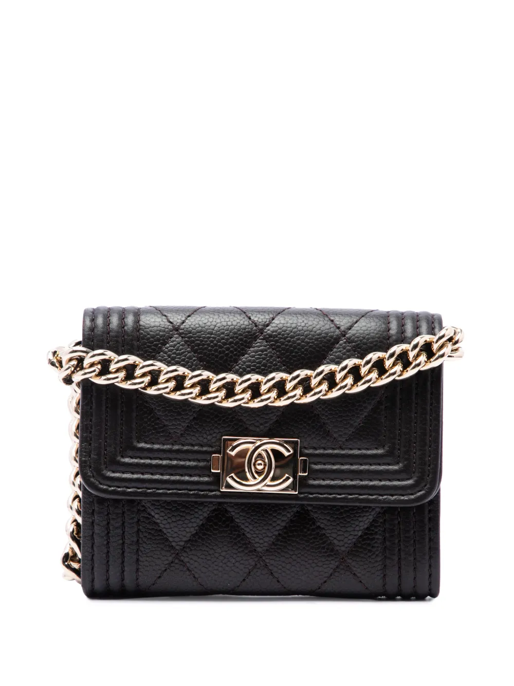 CHANEL Pre-Owned 2021 Quilted Caviar Boy Card Holder with Chain crossbody bag - Marrone