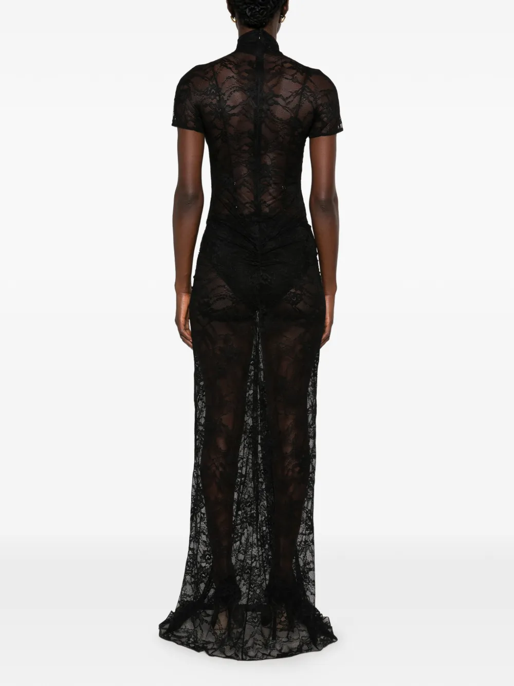 THE ANDAMANE Palma lace-overlay ruched-detail maxi dress Zwart